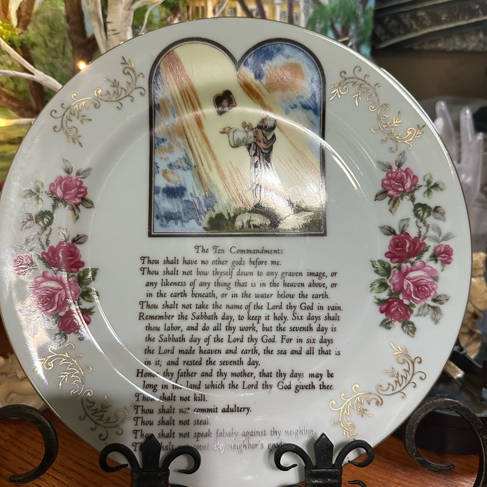 Inspirational Ten Commandments Ceramic Plate with Pink Floral Accents